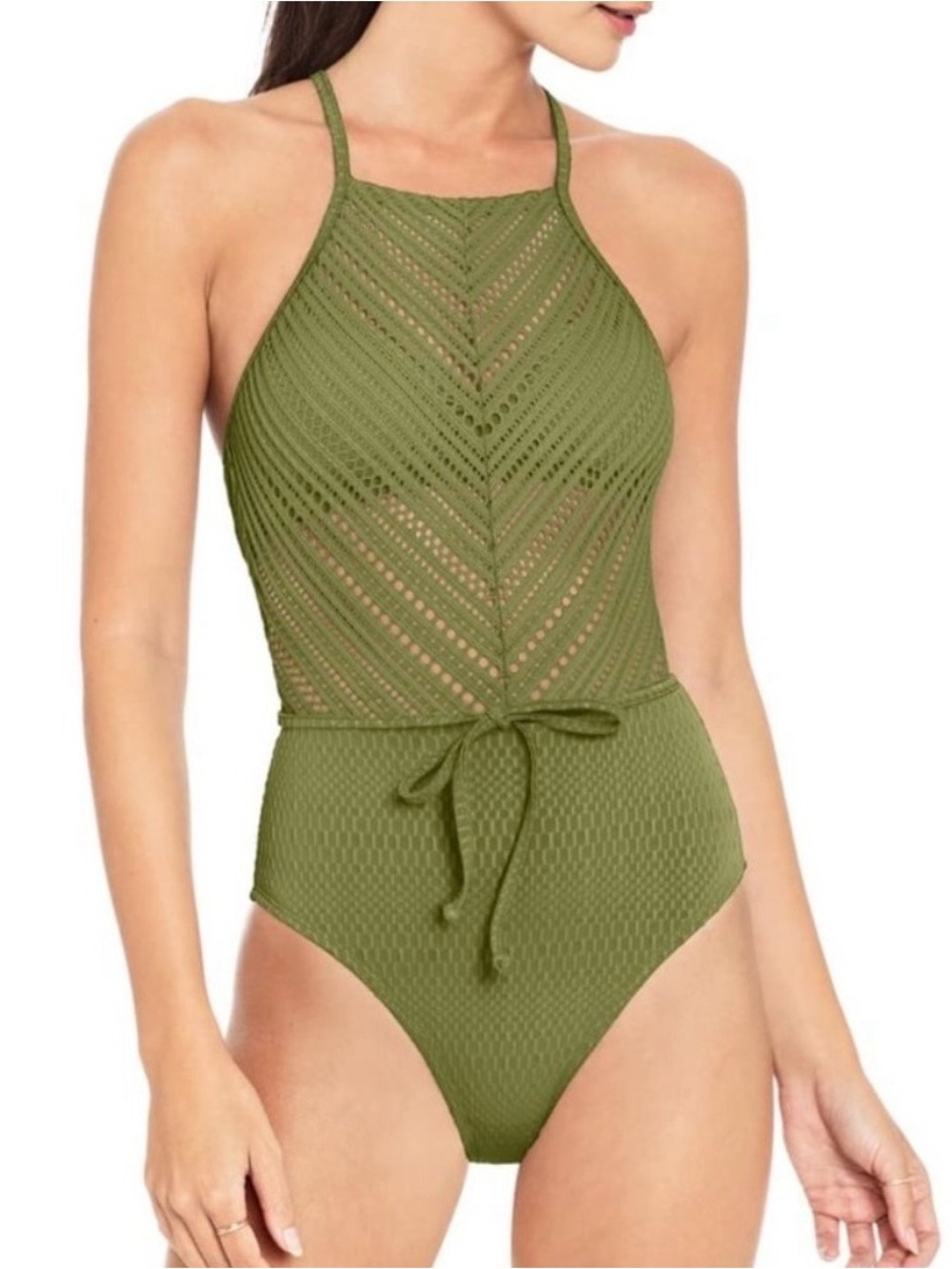 NWT Robin Piccone Perla High Neck One-Piece Swimsuit Moss Green Size 6